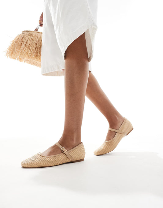 SEQWL Wide Fit ballet shoes with buckle in raffia natural