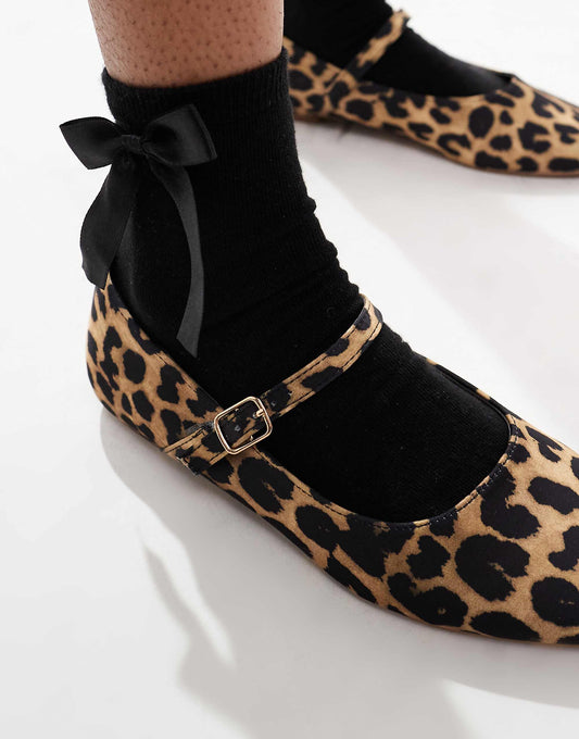 SEQWL Wide Fit Iris ballet shoe with bow in leopard