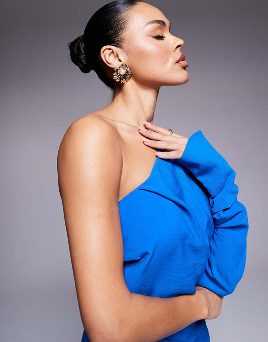 ASOS DESIGN one shoulder drape midaxi dress in bright blue