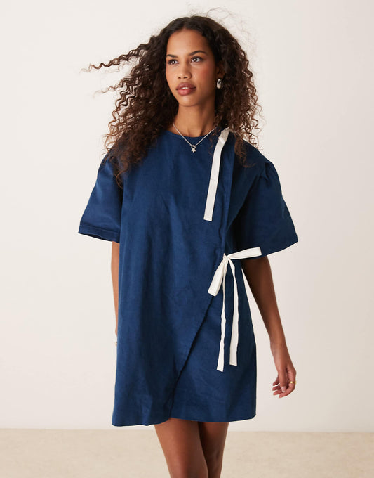 Ghospell contrast bow mini dress in navy