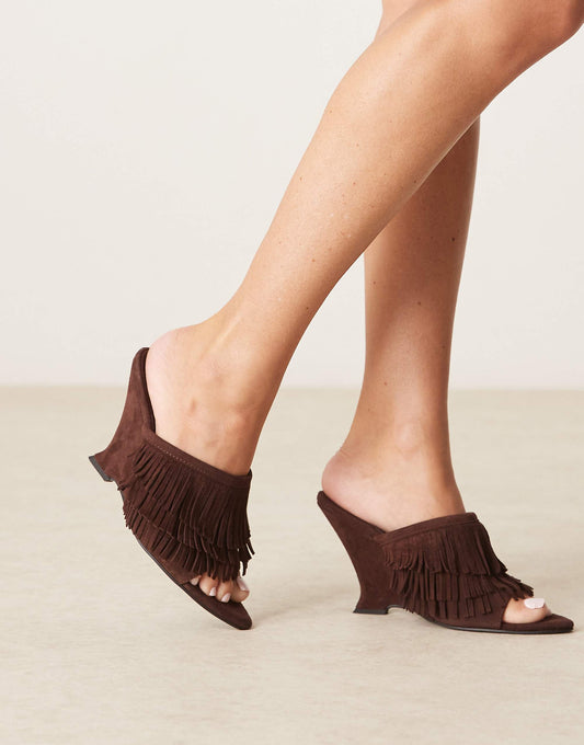 ASOS DESIGN Tizzy real suede fringed wedges in chocolate