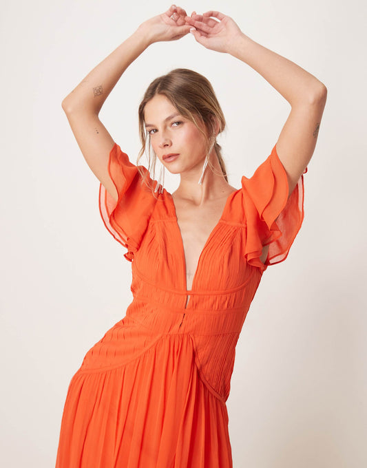 ASOS DESIGN flutter sleeve ruched maxi dress with hi low hem in spicy red