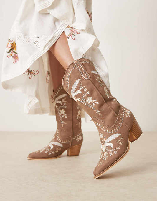 Glamorous embroidered western knee boots in tan