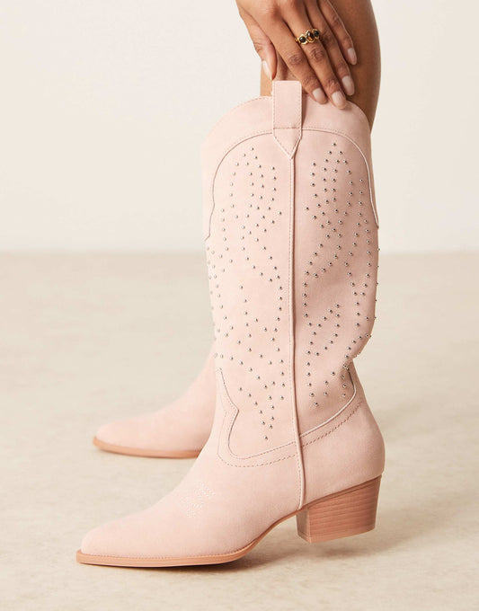 Glamorous studded western knee boots in cream