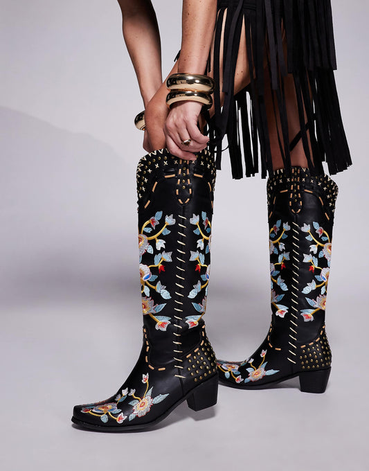 Azaela Wang Phineas floral embroidered western boots in black