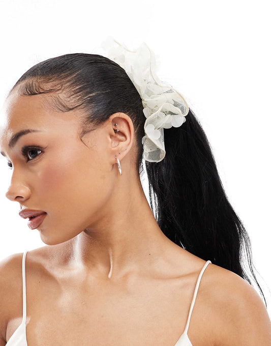 Pieces XL floral applique scrunchie in white