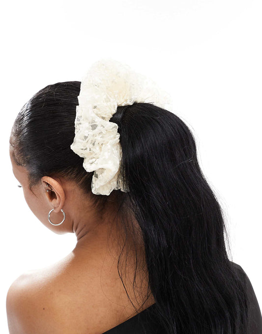 Pieces XL floral embroidered mesh scrunchie in white