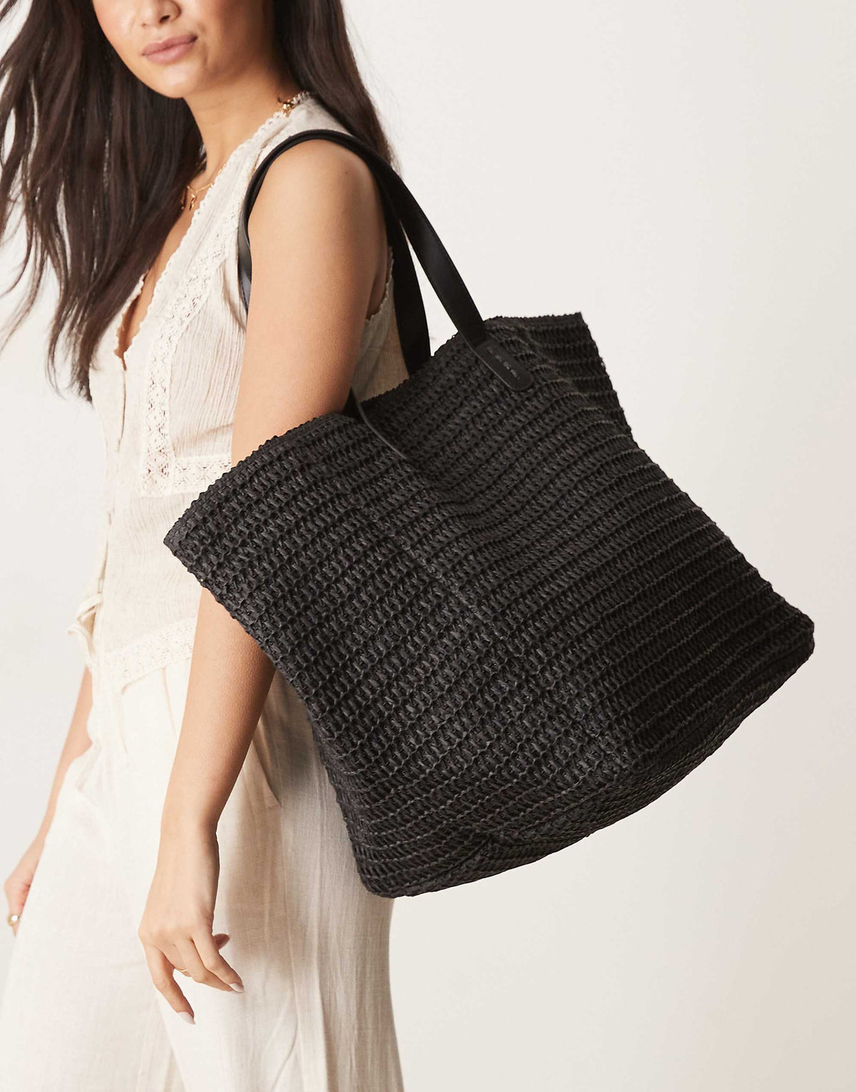 ASOS DESIGN straw oversized tote bag in crochet in black