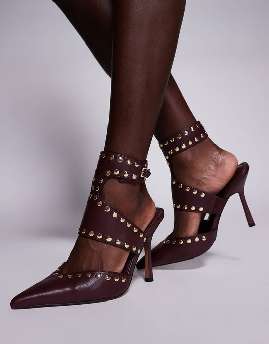 ASOS DESIGN Wide Fit Power studded high heeled shoes in burgundy