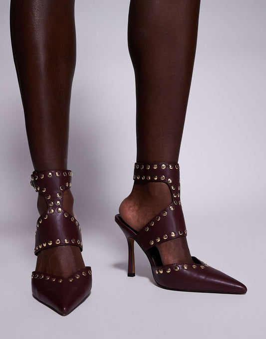 ASOS DESIGN Wide Fit Power studded high heeled shoes in burgundy