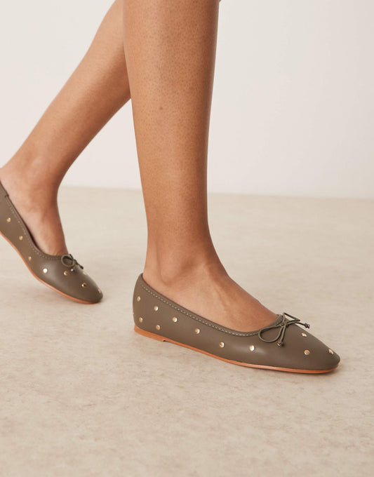 ASOS DESIGN Lynette high vamp studded ballets in khaki