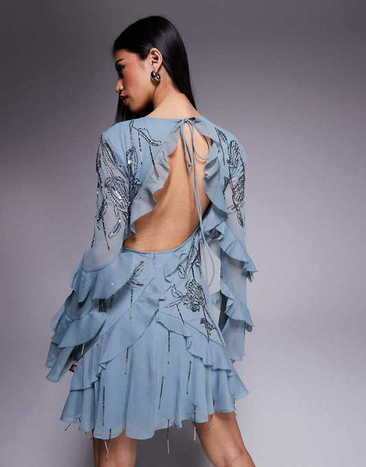 ASOS DESIGN raw edge ruffle embellished mini dress with open back in blue