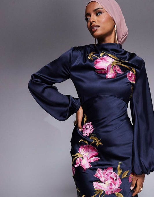 ASOS DESIGN cowl neck floral embroidered bias maxi dress with blouson sleeve in navy