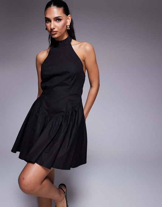 Kaiia exclusive halterneck low back dropped v waist mini dress in black
