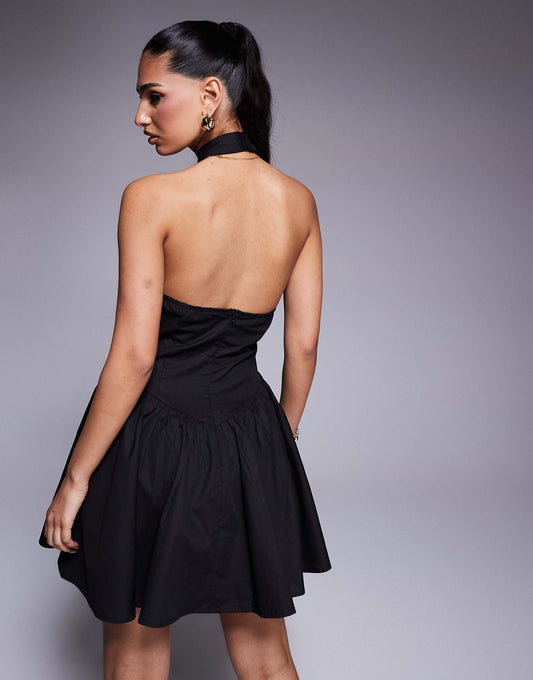 Kaiia exclusive halterneck low back dropped v waist mini dress in black