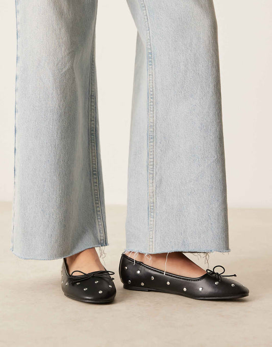ASOS DESIGN Wide Fit Lynette high vamp studded ballets in black