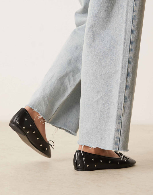 ASOS DESIGN Wide Fit Lynette high vamp studded ballets in black