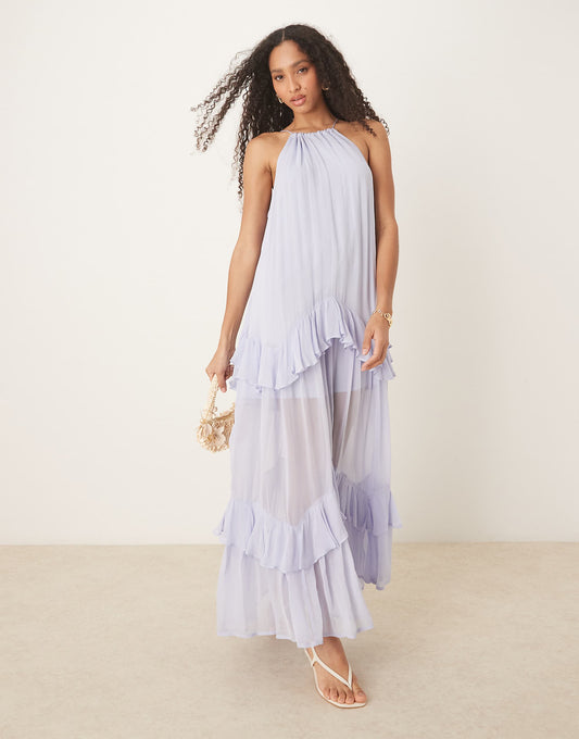 ASOS DESIGN halter tiered ruffle maxi dress in blue