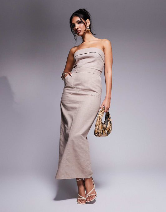Kaiia exclusive linen tailored fold over bandeau back split maxi dress in stone