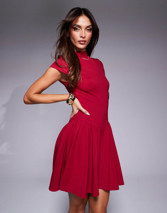 Kaiia exclusive high neck cap sleeve pleated mini dress in red