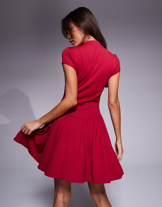 Kaiia exclusive high neck cap sleeve pleated mini dress in red