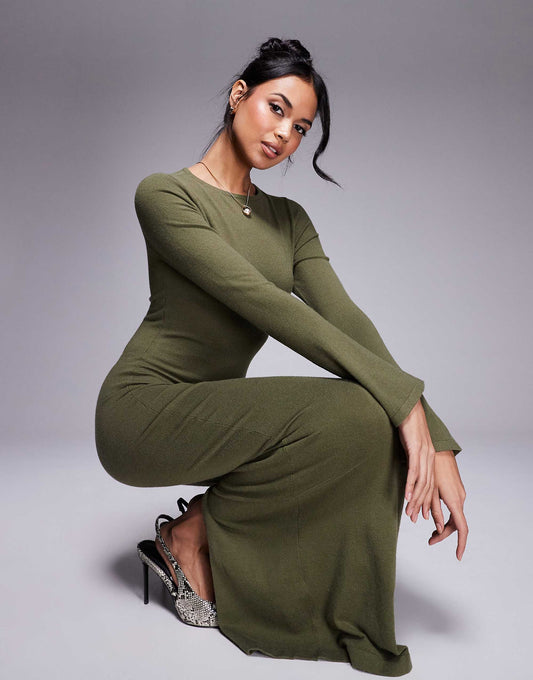 Kaiia exclusive knitted flare sleeve bodycon maxi dress in khaki