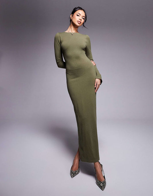Kaiia exclusive knitted flare sleeve bodycon maxi dress in khaki