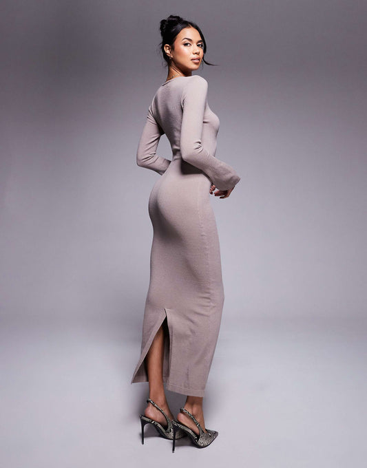 Kaiia exclusive fine knit bodycon flare sleeve maxi dress in grey