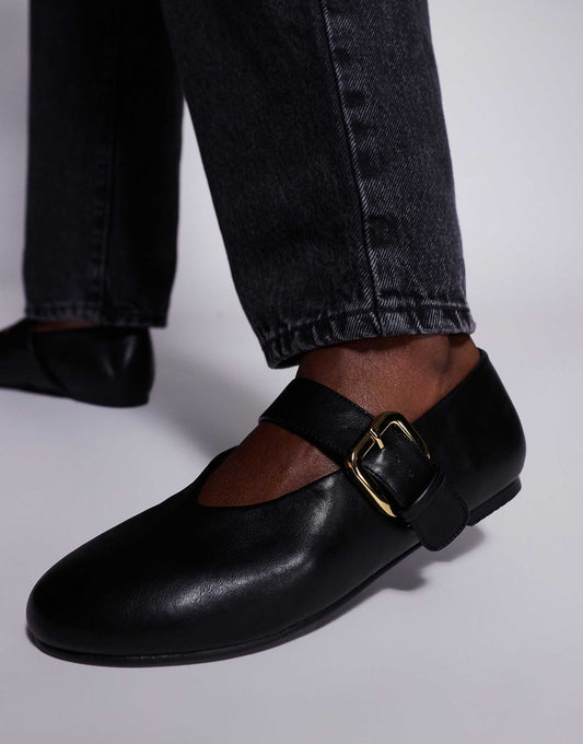 Public Desire Wide Fit buckle detail ballet flats in black