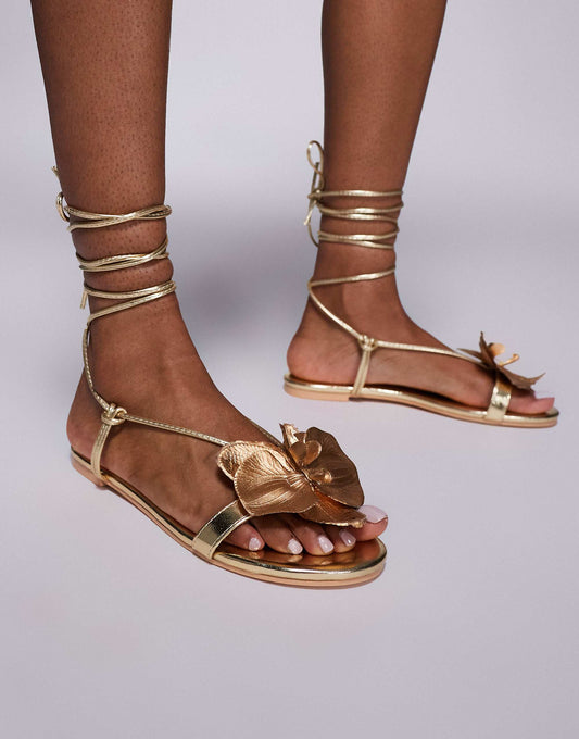 Public Desire Magnolia Wide Fit 3D floral flat sandals in gold