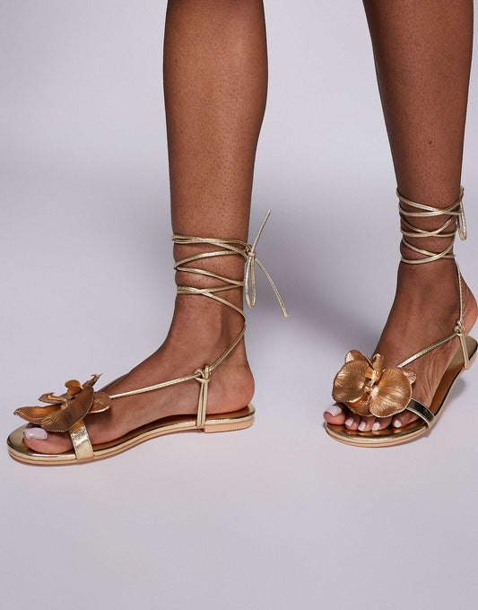 Public Desire Magnolia Wide Fit 3D floral flat sandals in gold
