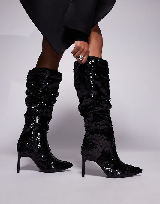 New Look sequin heeled knee boot in black
