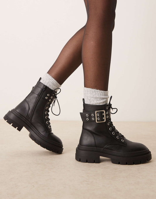 New Look Wide Fit double buckle lace up ankle boot in black