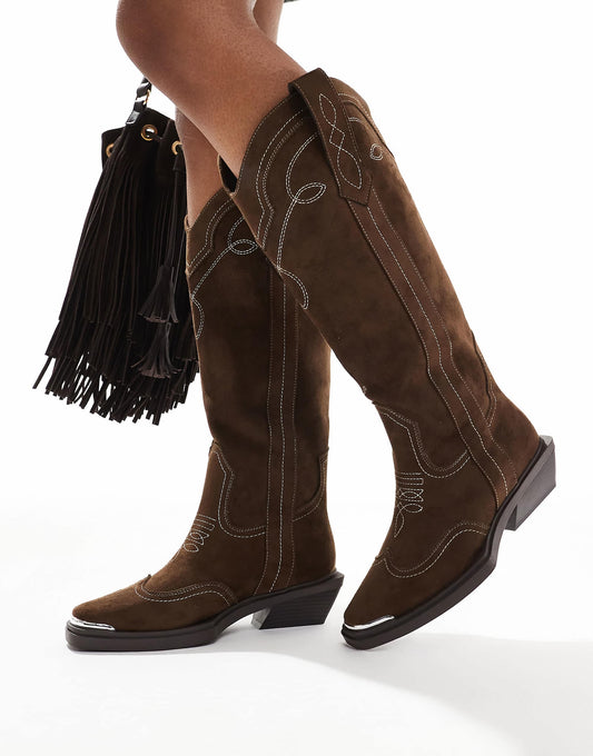 ASOS DESIGN Celeste flat western knee boots in choc faux suede