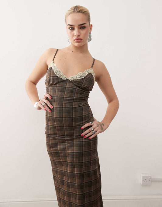 Motel delfina lace edge check midaxi dress in brown