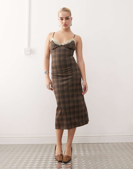 Motel delfina lace edge check midaxi dress in brown