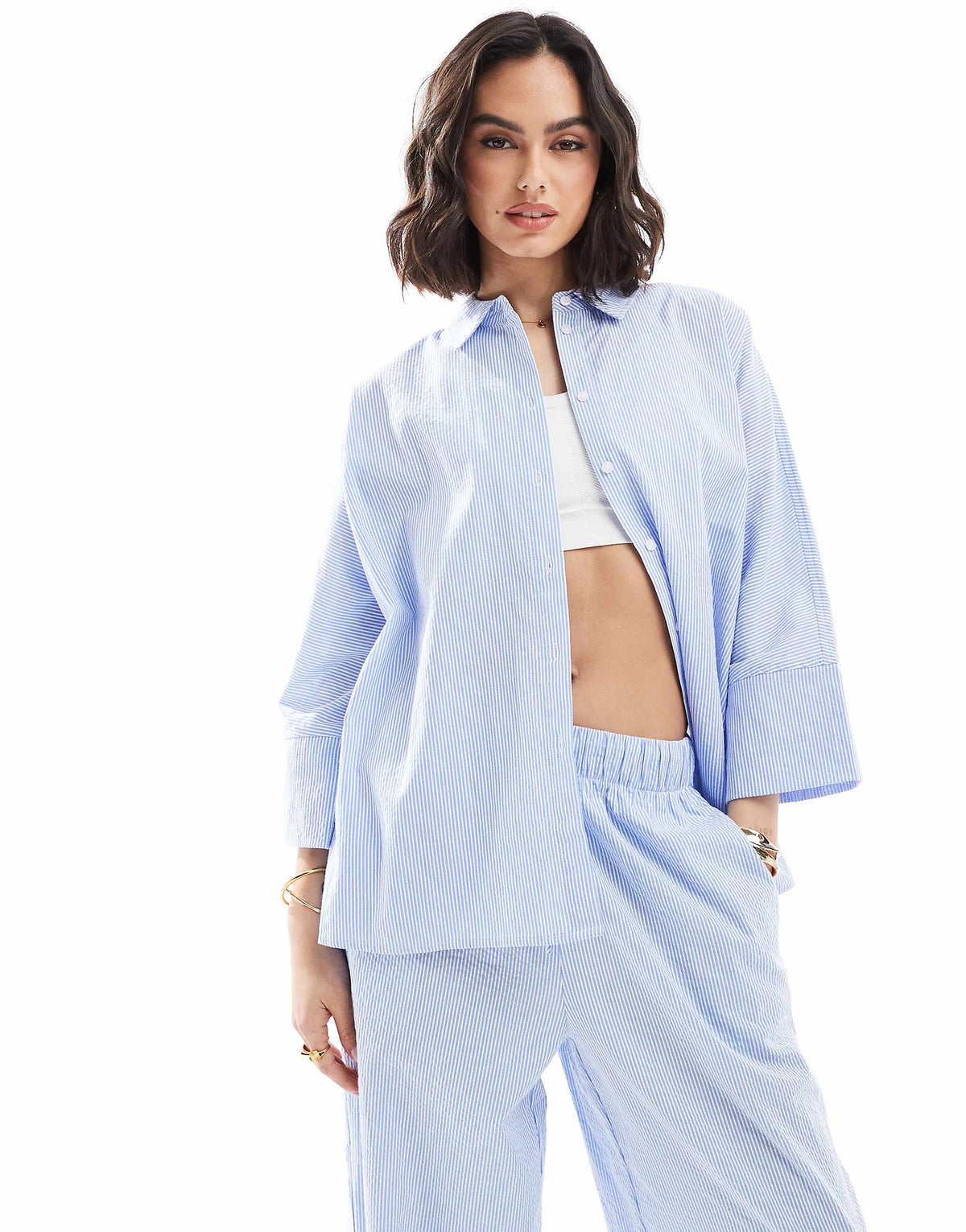 ONLY 3/4 sleeve shirt co-ord in blue stripes
