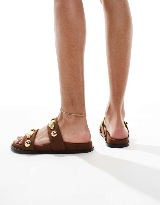 4th & Reckless gold shell embellished double strap flat sandals in faux suede brown