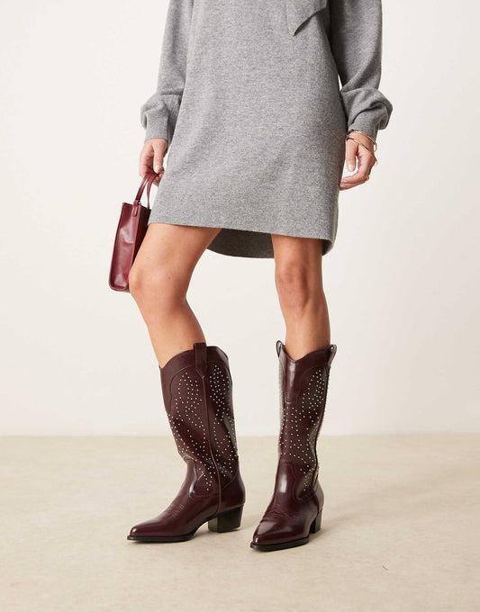 Glamorous Wide Fit studded western knee boots in burgundy