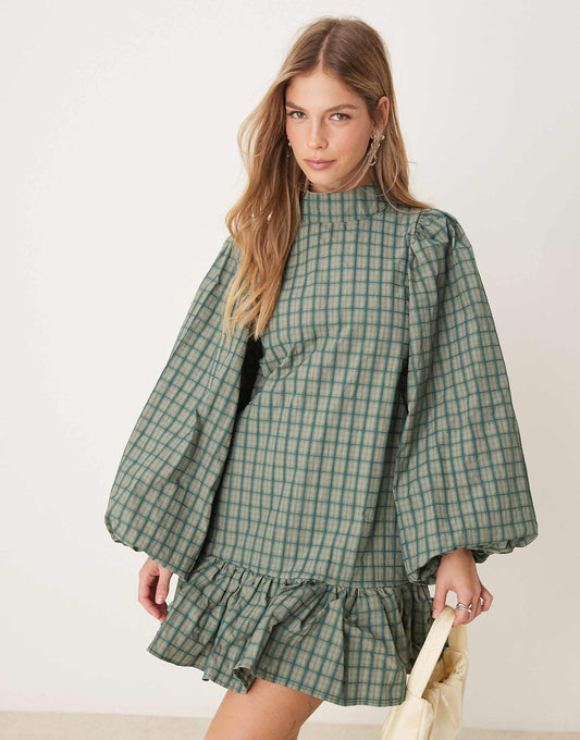 Ghospell check print mini dress in green
