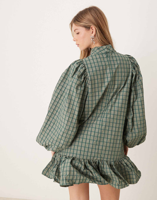 Ghospell check print mini dress in green