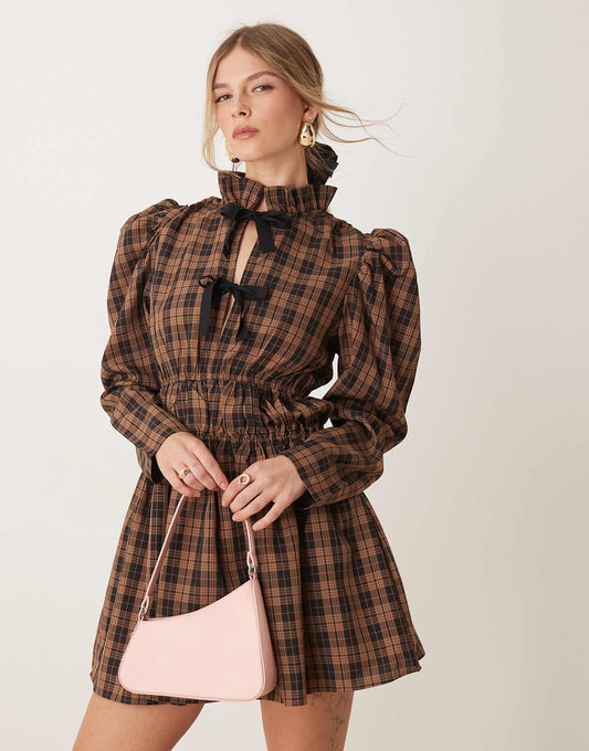 Ghospell check print mini dress in tan and black check