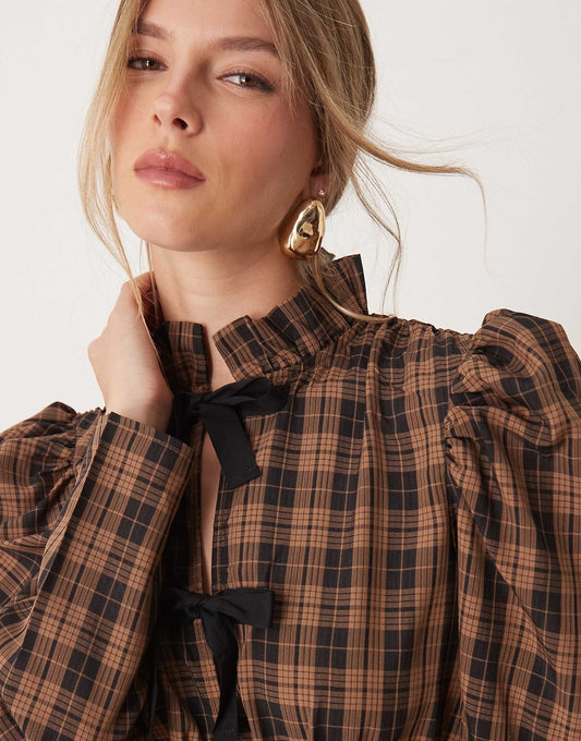 Ghospell check print mini dress in tan and black check