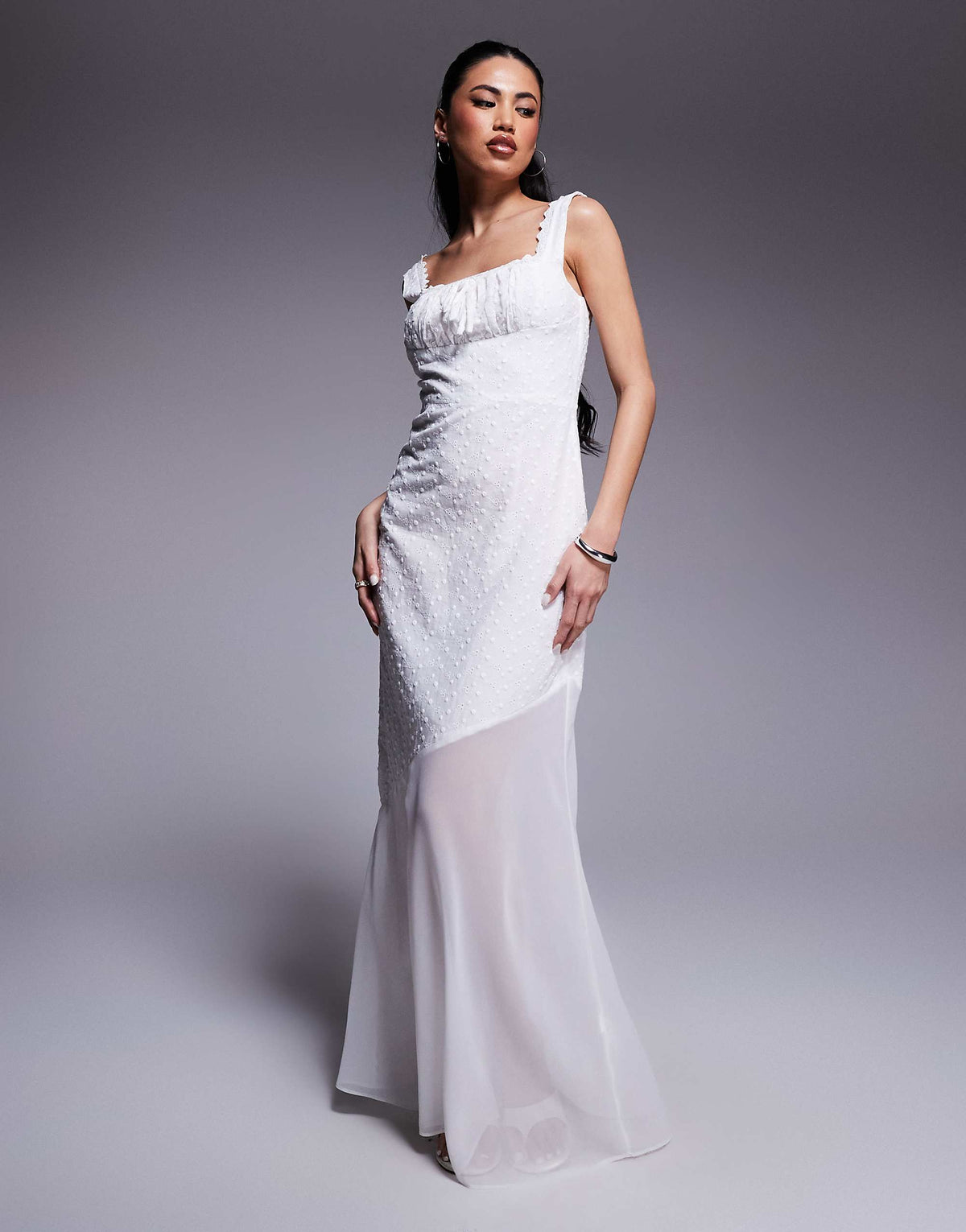 Kaiia exclusive cotton broderie tie bust detail asymmetric sheer hem maxi dress in white