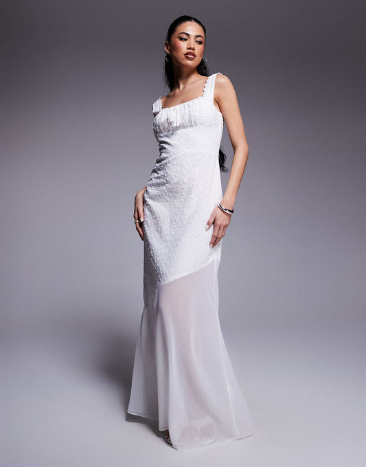 Kaiia exclusive cotton broderie tie bust detail asymmetric sheer hem maxi dress in white