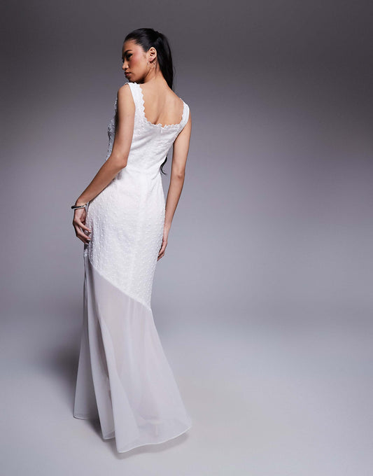 Kaiia exclusive cotton broderie tie bust detail asymmetric sheer hem maxi dress in white
