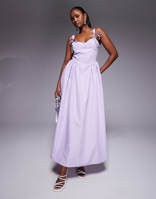 Kaiia exclusive poplin corset tie strap detail gathered skirt maxi dress in lilac