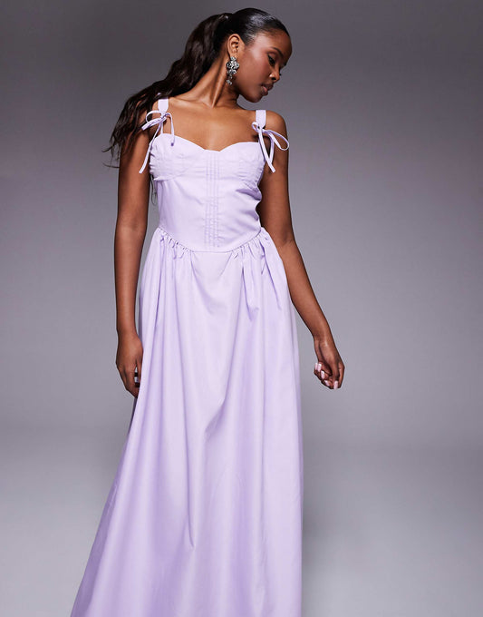 Kaiia exclusive poplin corset tie strap detail gathered skirt maxi dress in lilac