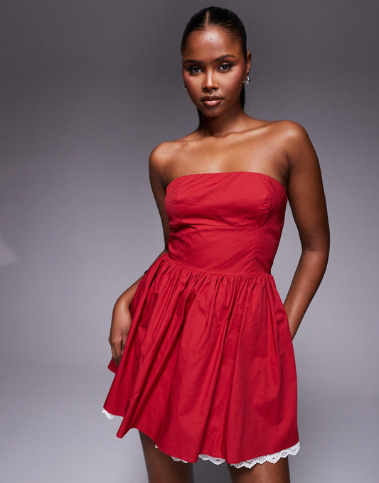 Kaiia exclusive poplin bandeau contrast lace hem mini skater dress in red and white