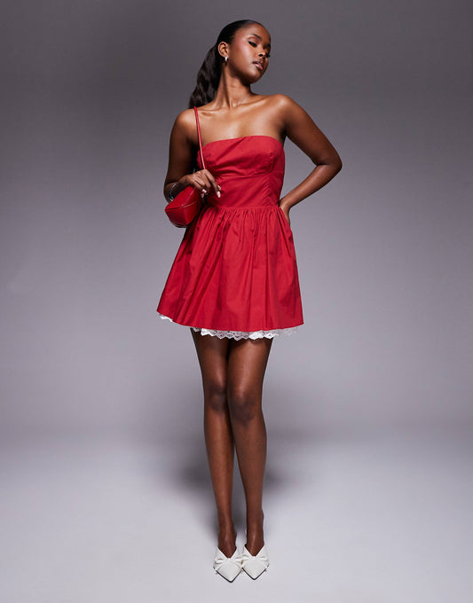 Kaiia exclusive poplin bandeau contrast lace hem mini skater dress in red and white